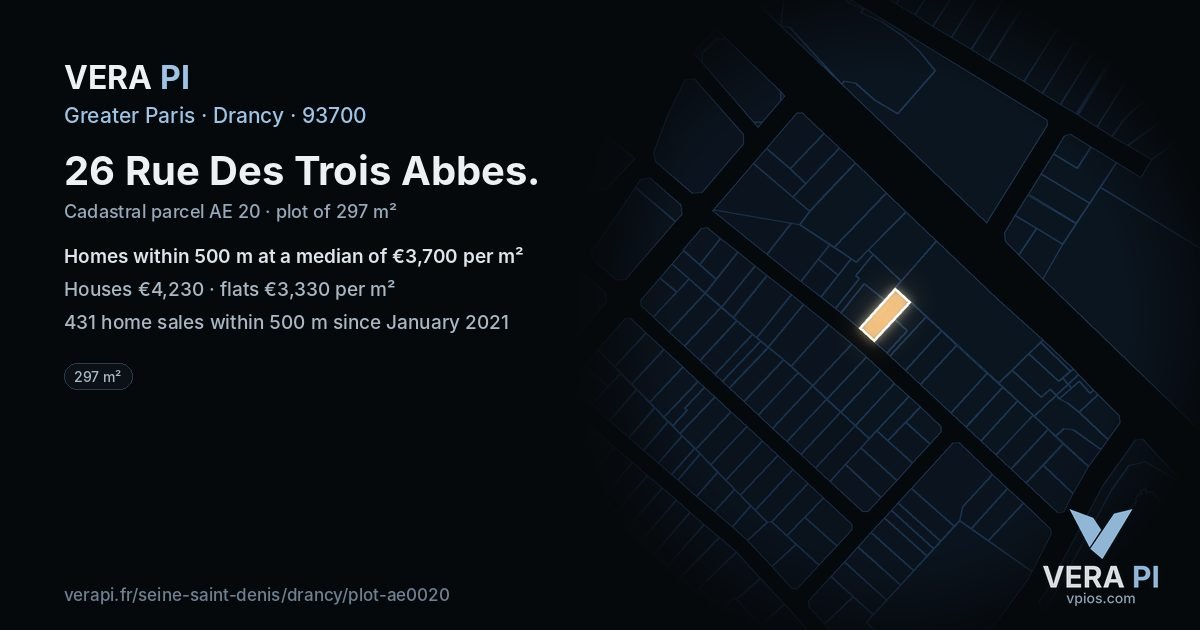 26 Rue Des Trois Abbes, Drancy at night – the plot lit, the parcels around coloured by the prices near them