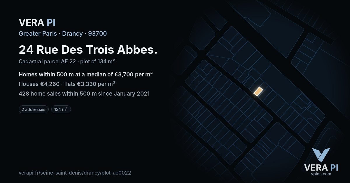 24 Rue Des Trois Abbes, Drancy at night – the plot lit, the parcels around coloured by the prices near them