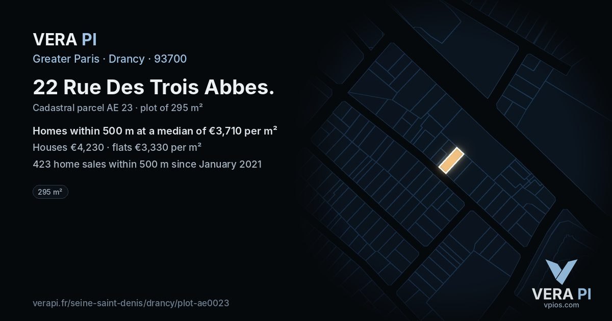22 Rue Des Trois Abbes, Drancy at night – the plot lit, the parcels around coloured by the prices near them