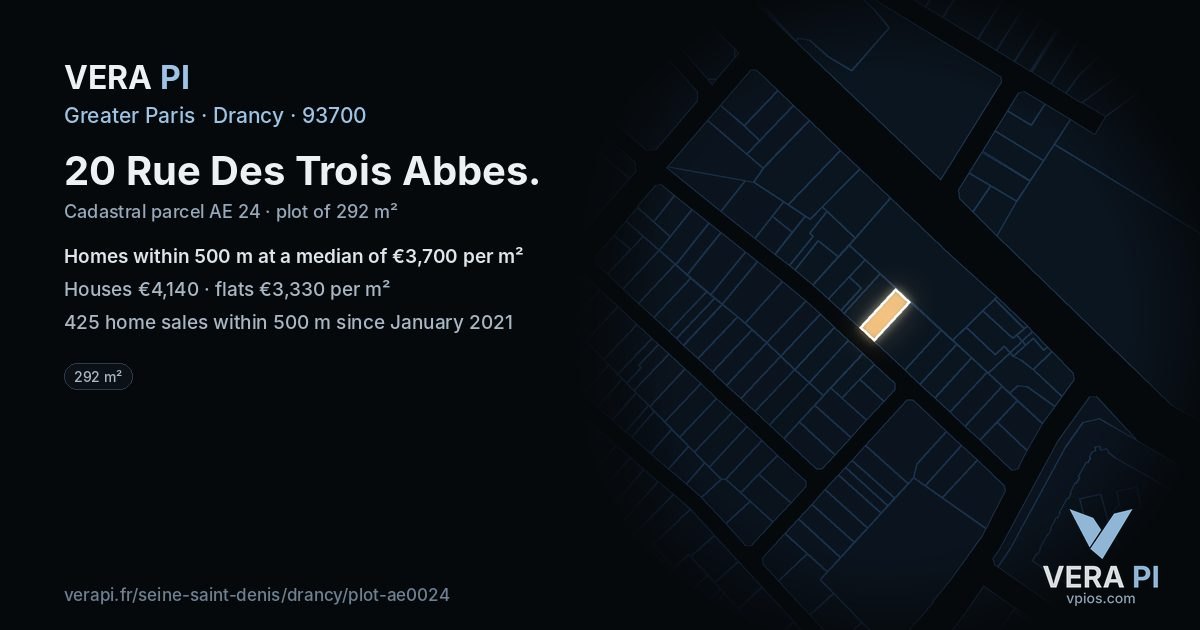 20 Rue Des Trois Abbes, Drancy at night – the plot lit, the parcels around coloured by the prices near them