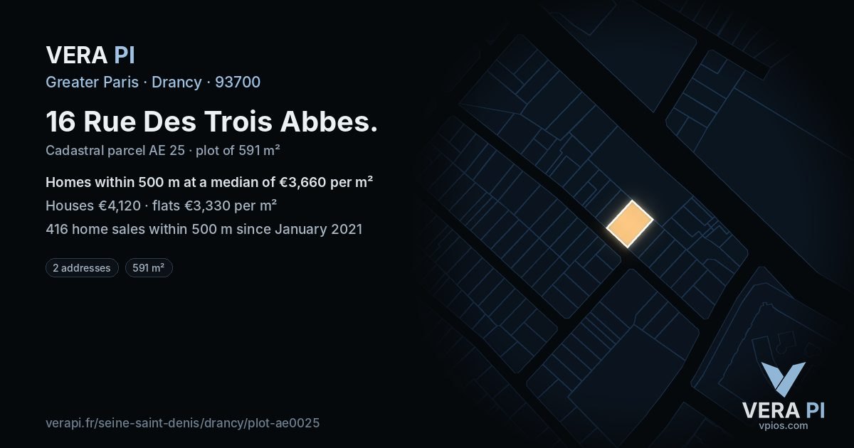 16 Rue Des Trois Abbes, Drancy at night – the plot lit, the parcels around coloured by the prices near them