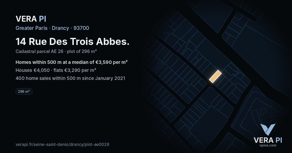 14 Rue Des Trois Abbes, Drancy at night – the plot lit, the parcels around coloured by the prices near them