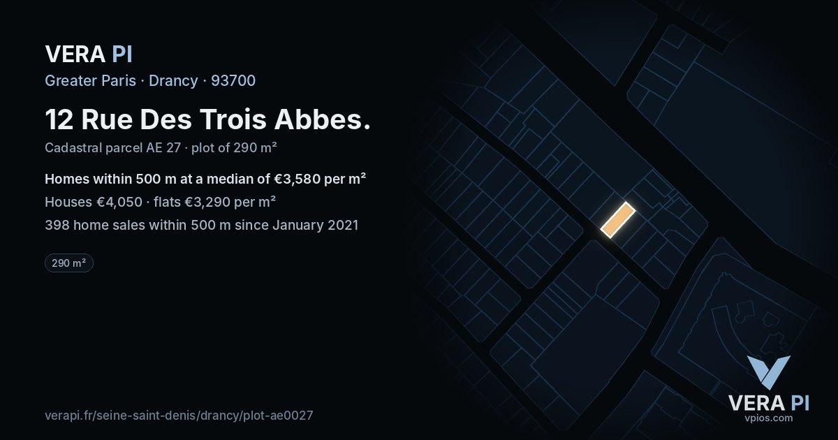 12 Rue Des Trois Abbes, Drancy at night – the plot lit, the parcels around coloured by the prices near them