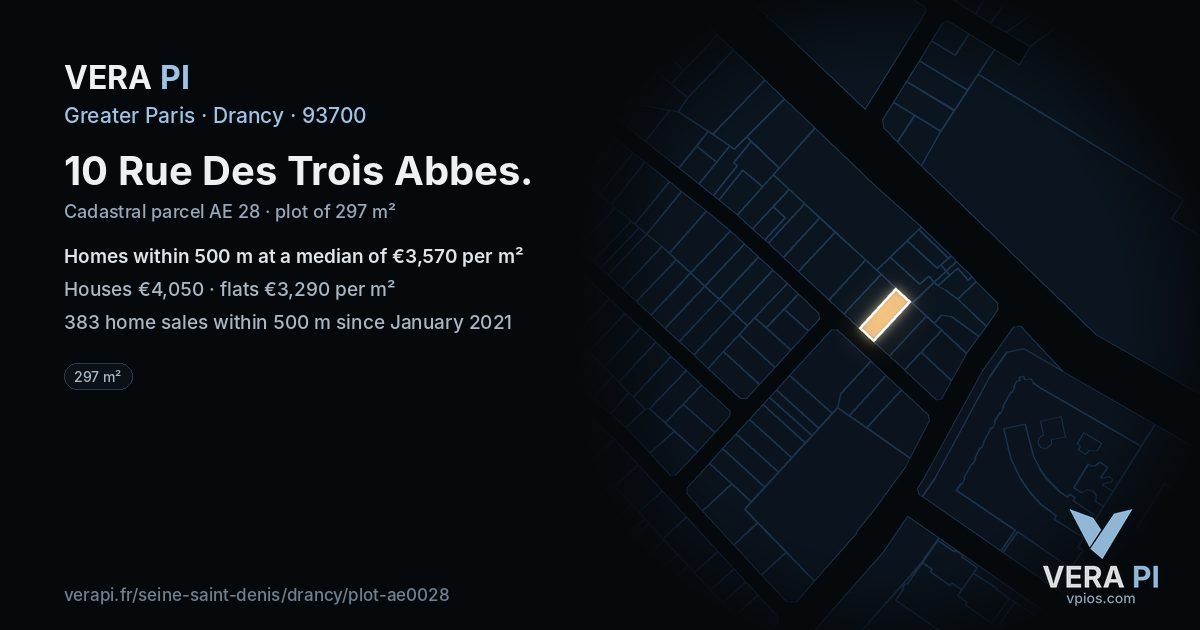 10 Rue Des Trois Abbes, Drancy at night – the plot lit, the parcels around coloured by the prices near them