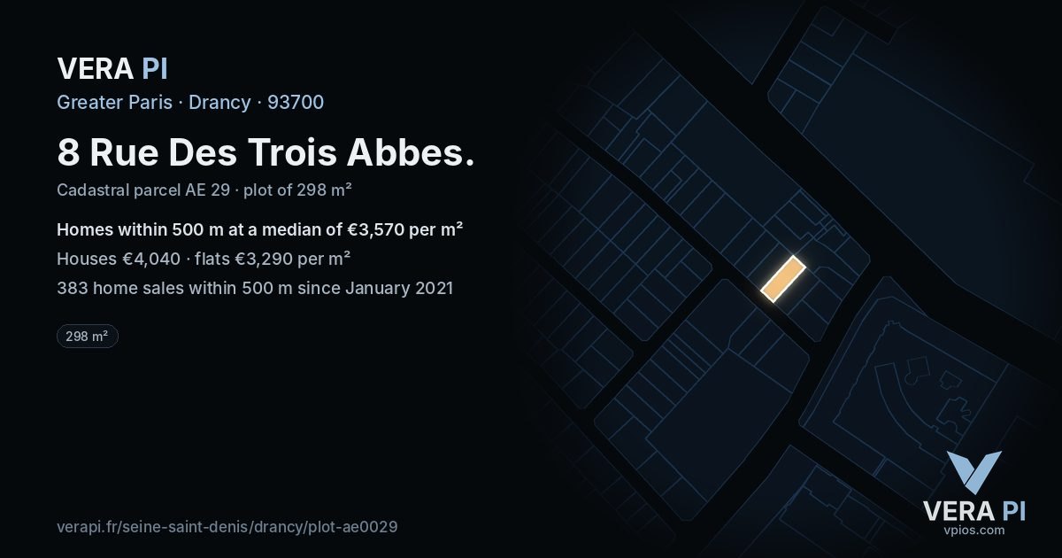 8 Rue Des Trois Abbes, Drancy at night – the plot lit, the parcels around coloured by the prices near them