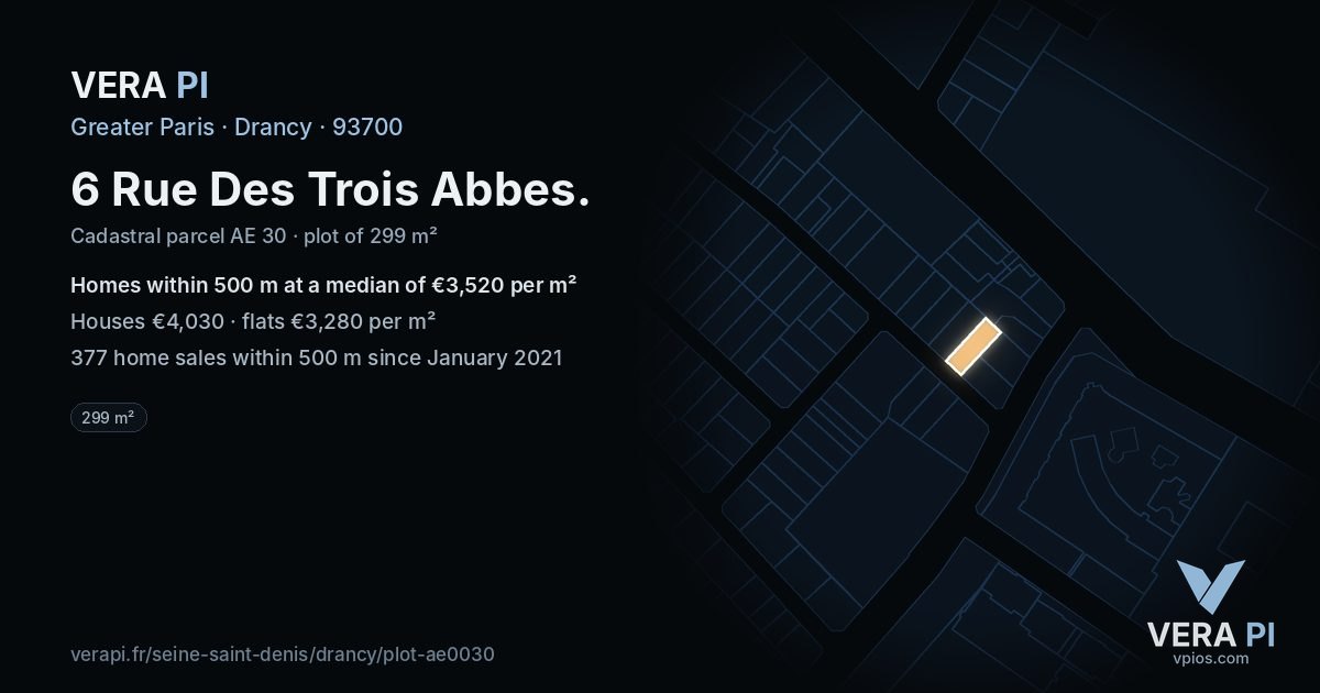 6 Rue Des Trois Abbes, Drancy at night – the plot lit, the parcels around coloured by the prices near them