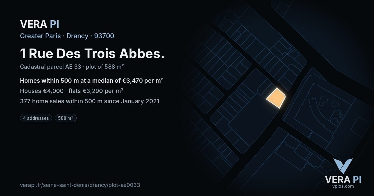 1 Rue Des Trois Abbes, Drancy at night – the plot lit, the parcels around coloured by the prices near them
