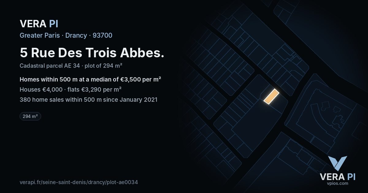 5 Rue Des Trois Abbes, Drancy at night – the plot lit, the parcels around coloured by the prices near them