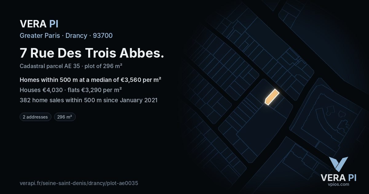 7 Rue Des Trois Abbes, Drancy at night – the plot lit, the parcels around coloured by the prices near them