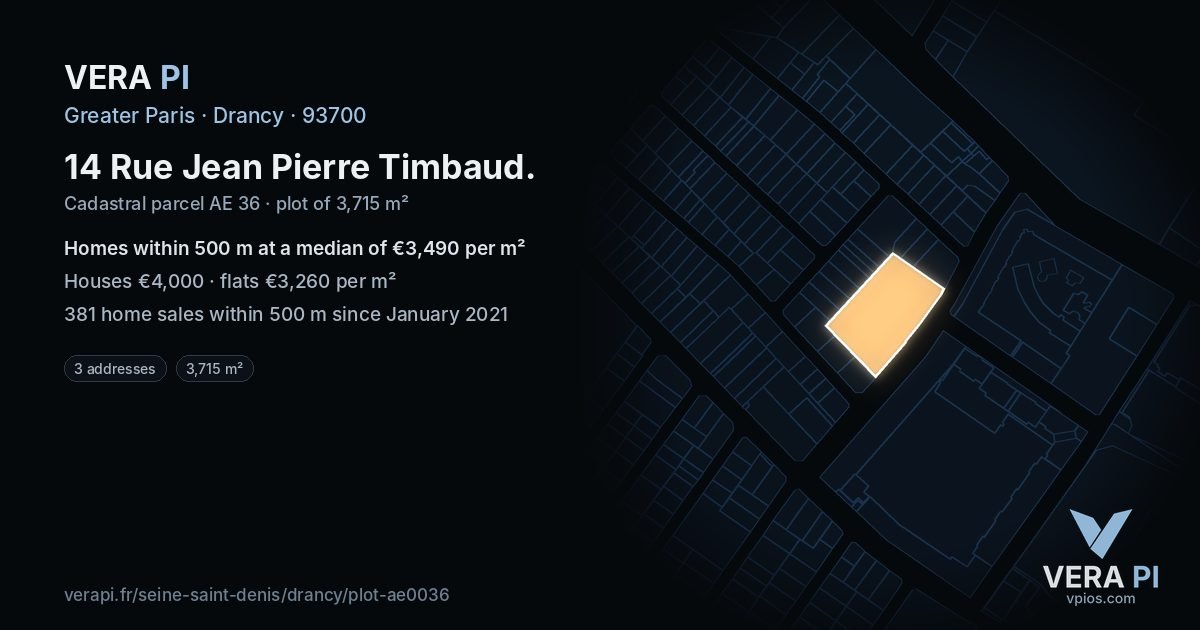 14 Rue Jean Pierre Timbaud, Drancy at night – the plot lit, the parcels around coloured by the prices near them