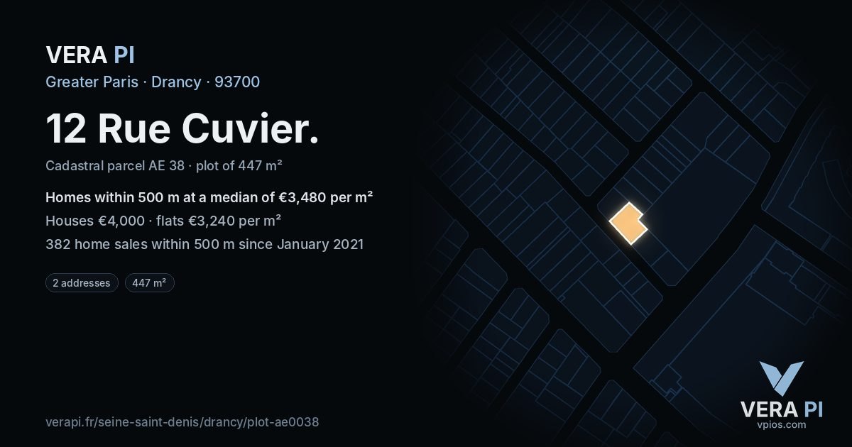 12 Rue Cuvier, Drancy at night – the plot lit, the parcels around coloured by the prices near them