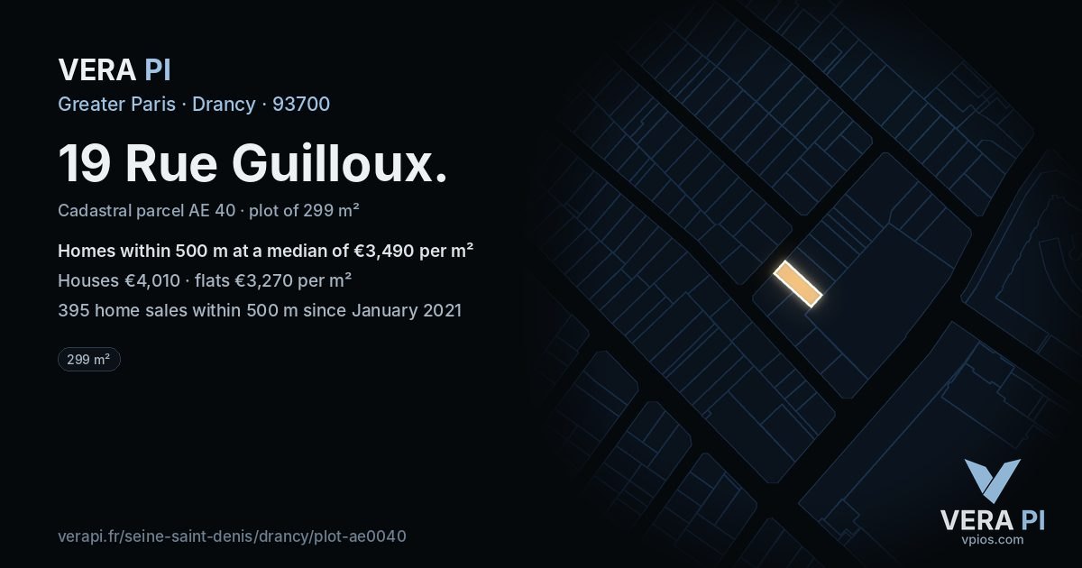 19 Rue Guilloux, Drancy at night – the plot lit, the parcels around coloured by the prices near them
