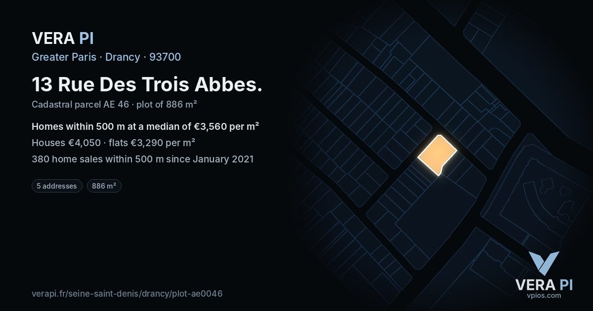 13 Rue Des Trois Abbes, Drancy at night – the plot lit, the parcels around coloured by the prices near them