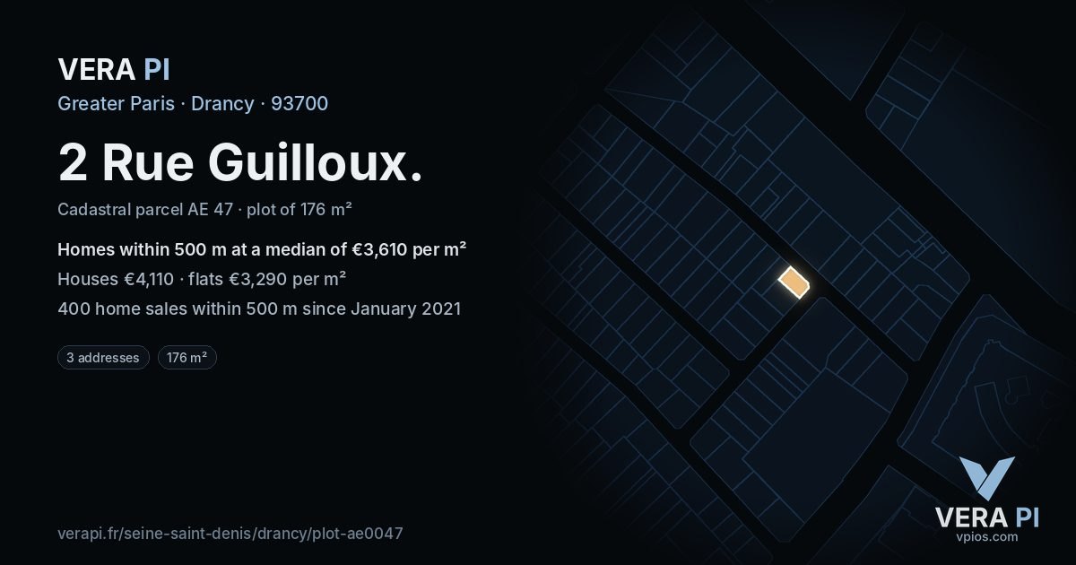2 Rue Guilloux, Drancy at night – the plot lit, the parcels around coloured by the prices near them