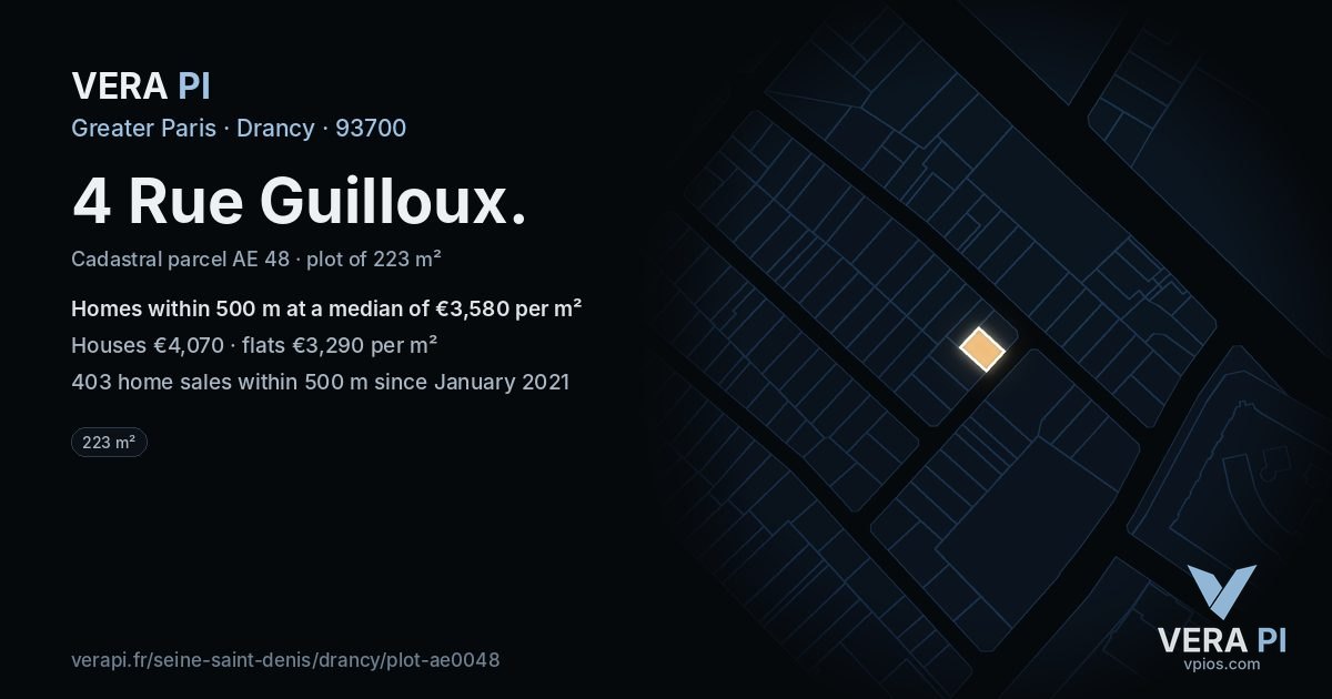 4 Rue Guilloux, Drancy at night – the plot lit, the parcels around coloured by the prices near them