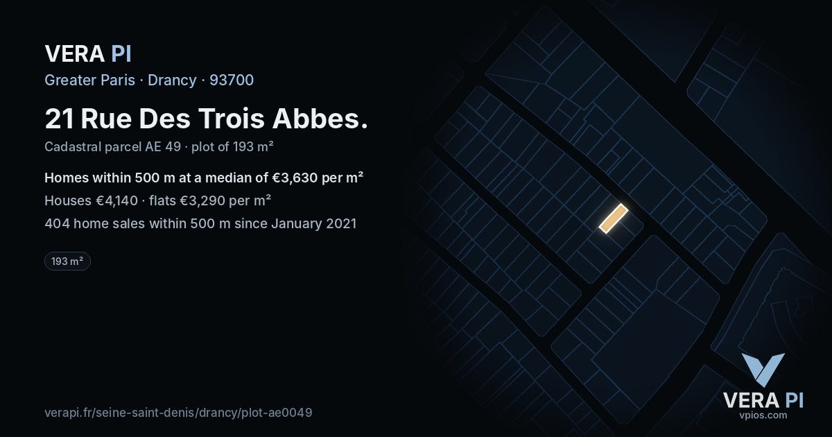 21 Rue Des Trois Abbes, Drancy at night – the plot lit, the parcels around coloured by the prices near them