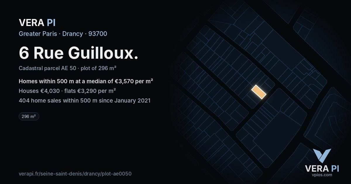 6 Rue Guilloux, Drancy at night – the plot lit, the parcels around coloured by the prices near them