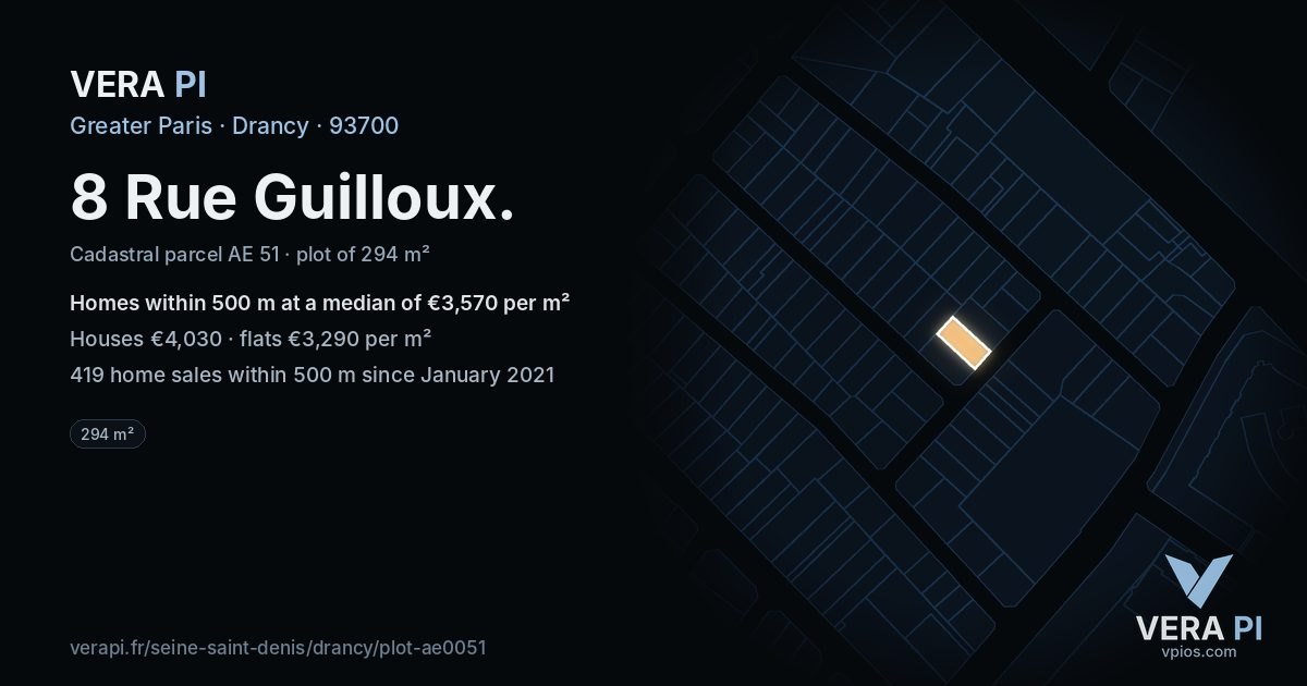 8 Rue Guilloux, Drancy at night – the plot lit, the parcels around coloured by the prices near them