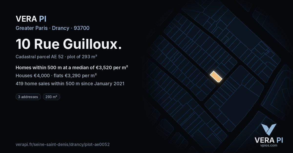 10 Rue Guilloux, Drancy at night – the plot lit, the parcels around coloured by the prices near them