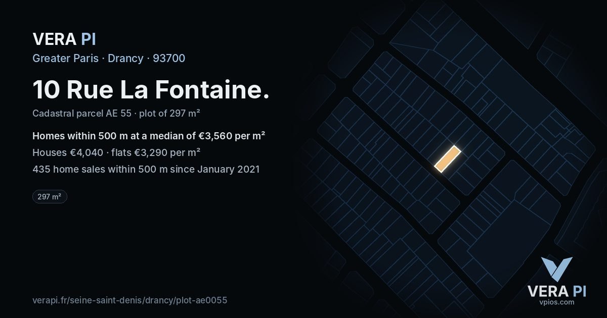 10 Rue La Fontaine, Drancy at night – the plot lit, the parcels around coloured by the prices near them