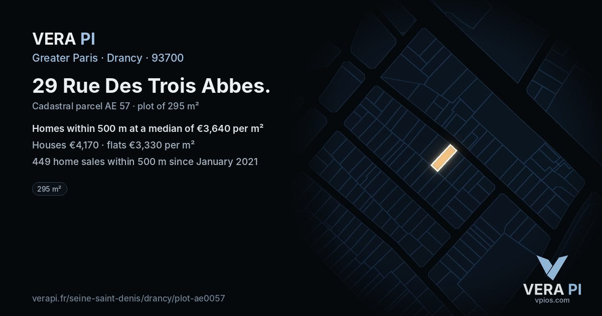 29 Rue Des Trois Abbes, Drancy at night – the plot lit, the parcels around coloured by the prices near them