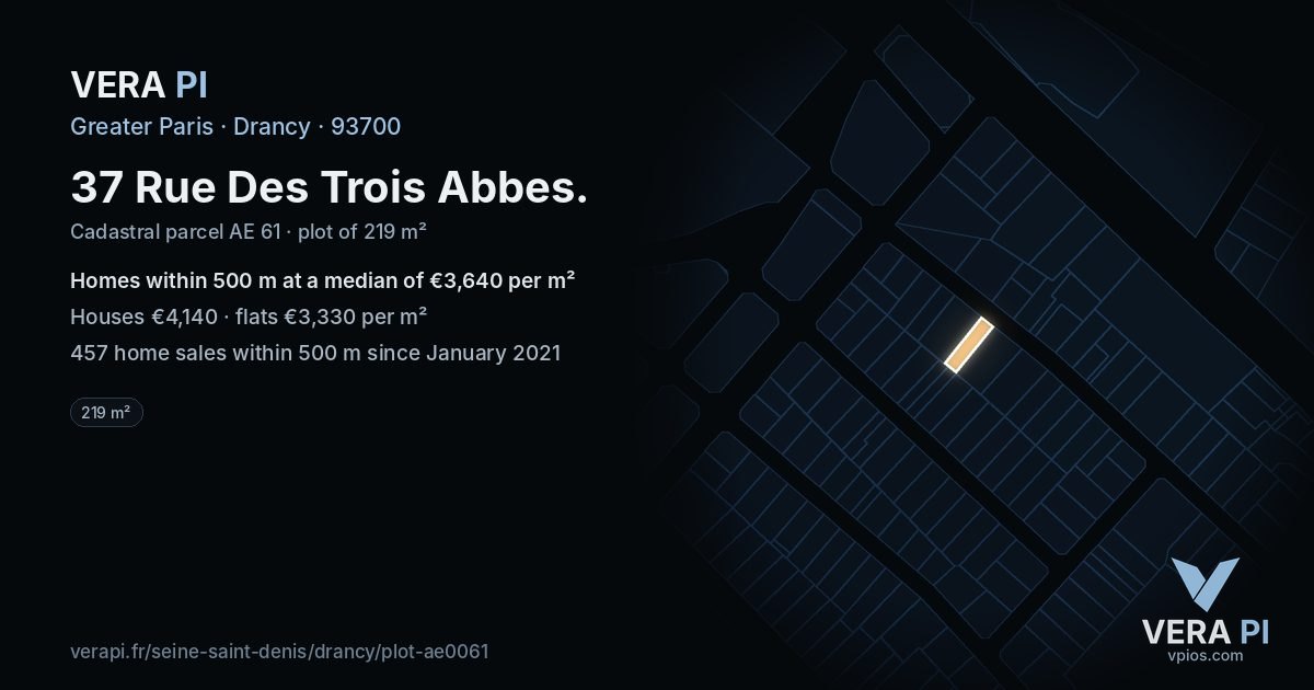 37 Rue Des Trois Abbes, Drancy at night – the plot lit, the parcels around coloured by the prices near them
