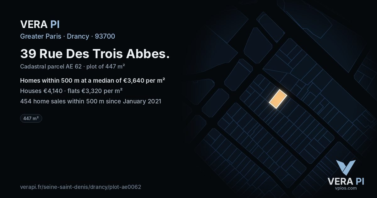 39 Rue Des Trois Abbes, Drancy at night – the plot lit, the parcels around coloured by the prices near them