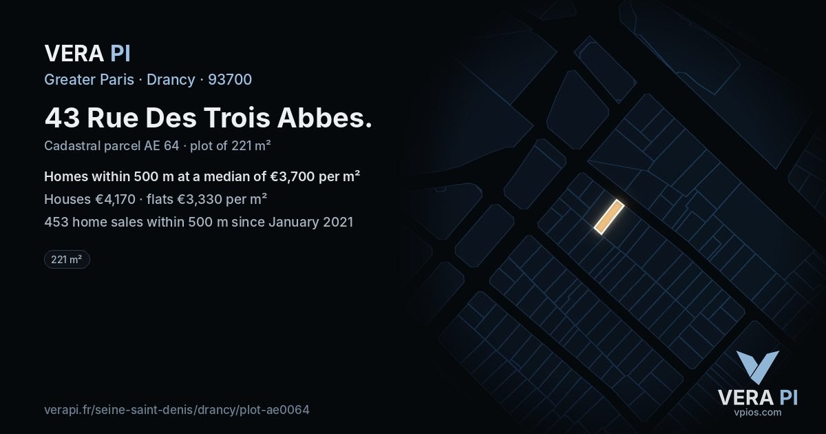 43 Rue Des Trois Abbes, Drancy at night – the plot lit, the parcels around coloured by the prices near them