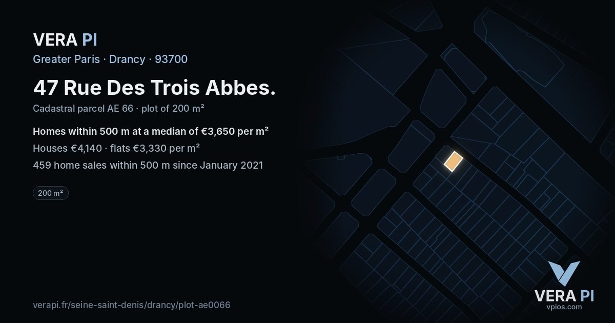47 Rue Des Trois Abbes, Drancy at night – the plot lit, the parcels around coloured by the prices near them