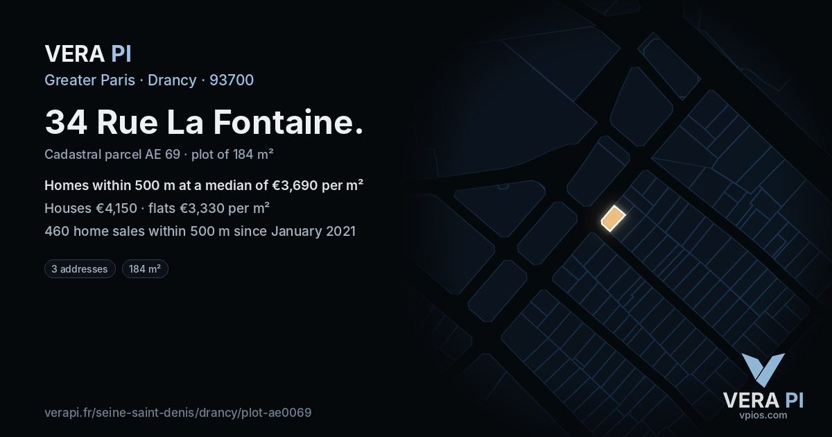 34 Rue La Fontaine, Drancy at night – the plot lit, the parcels around coloured by the prices near them