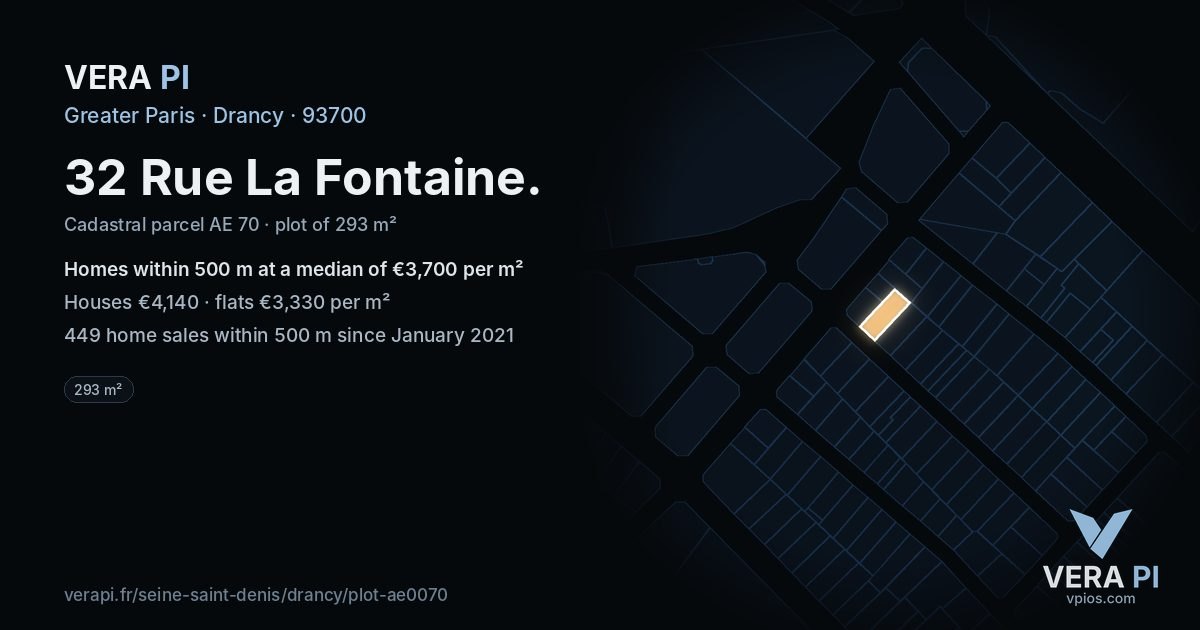 32 Rue La Fontaine, Drancy at night – the plot lit, the parcels around coloured by the prices near them
