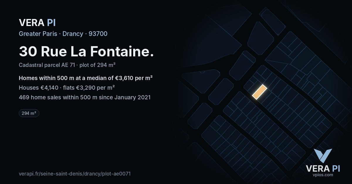 30 Rue La Fontaine, Drancy at night – the plot lit, the parcels around coloured by the prices near them