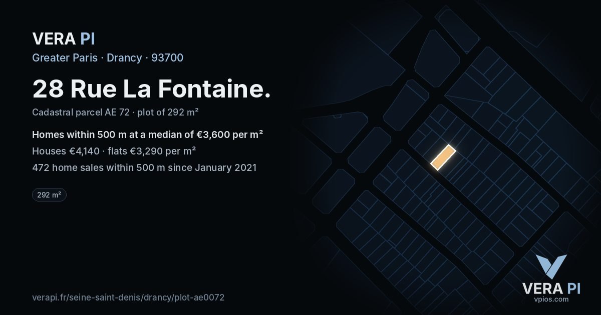 28 Rue La Fontaine, Drancy at night – the plot lit, the parcels around coloured by the prices near them