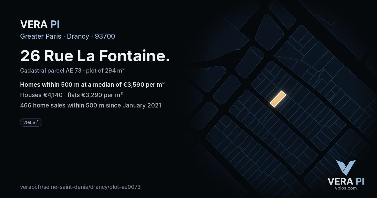 26 Rue La Fontaine, Drancy at night – the plot lit, the parcels around coloured by the prices near them