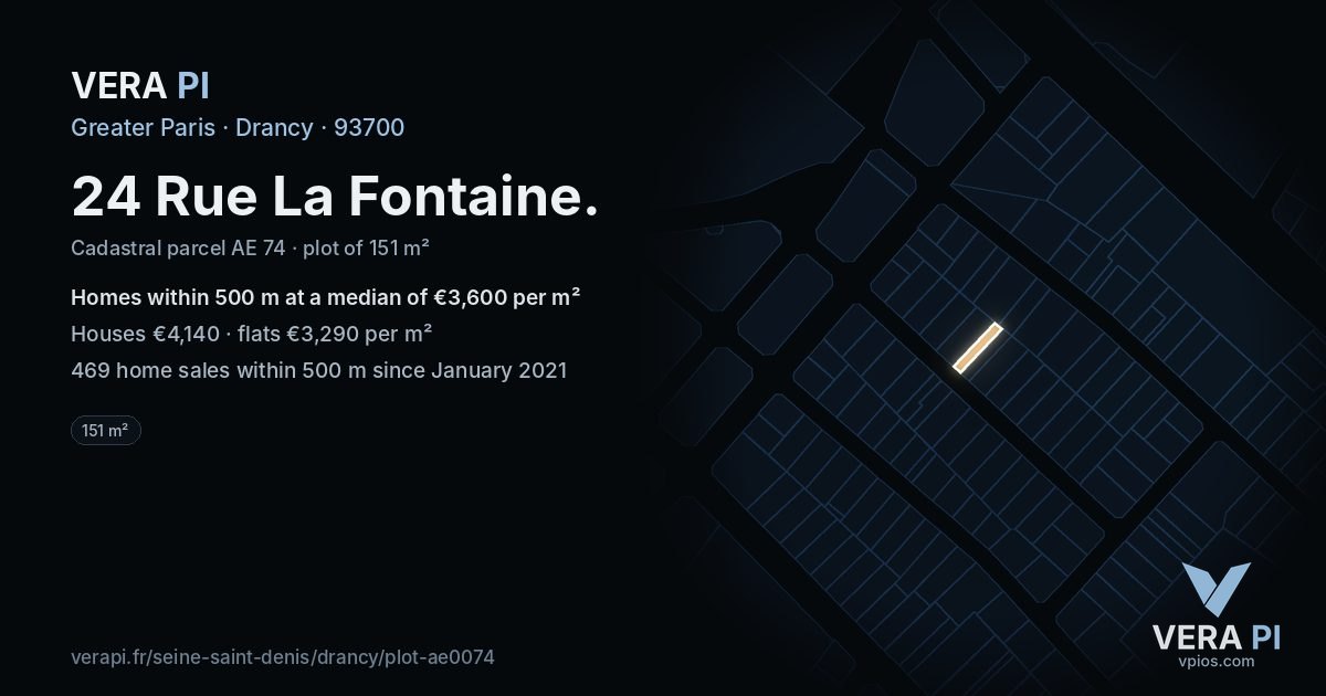 24 Rue La Fontaine, Drancy at night – the plot lit, the parcels around coloured by the prices near them