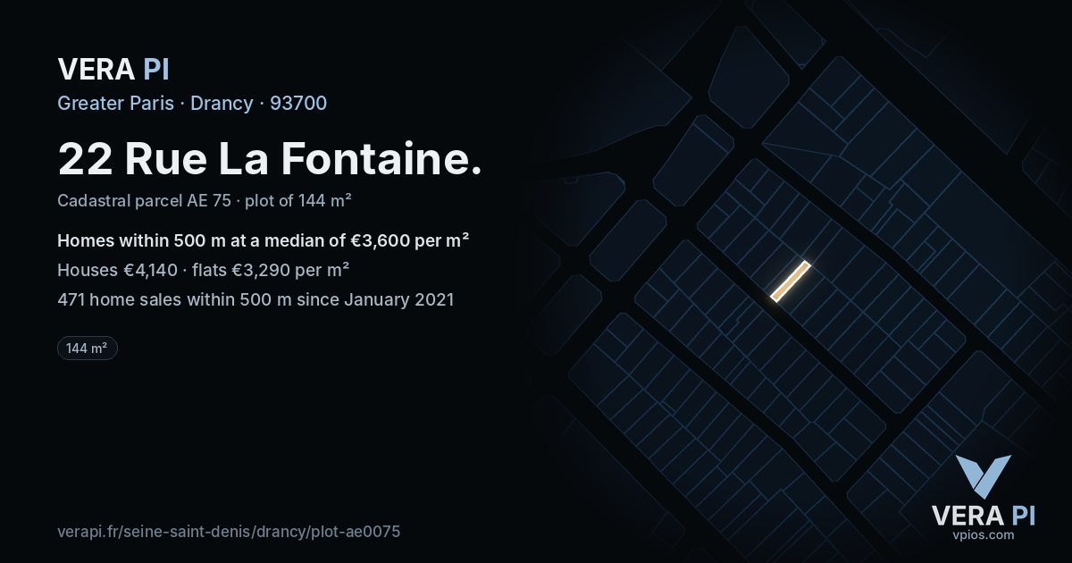 22 Rue La Fontaine, Drancy at night – the plot lit, the parcels around coloured by the prices near them