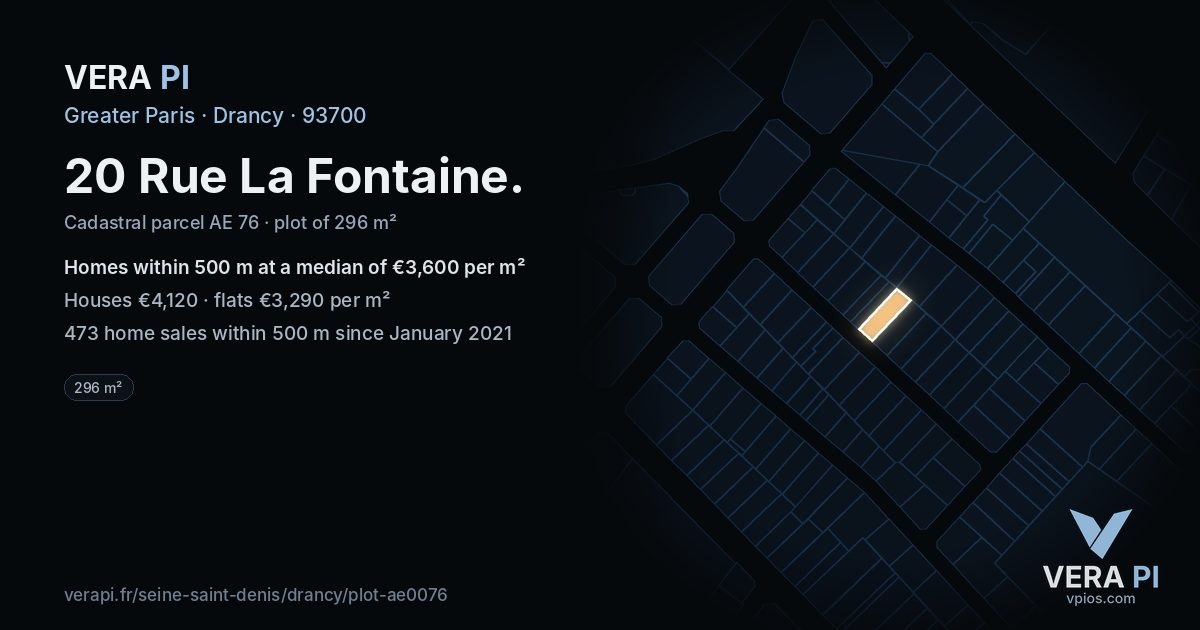 20 Rue La Fontaine, Drancy at night – the plot lit, the parcels around coloured by the prices near them
