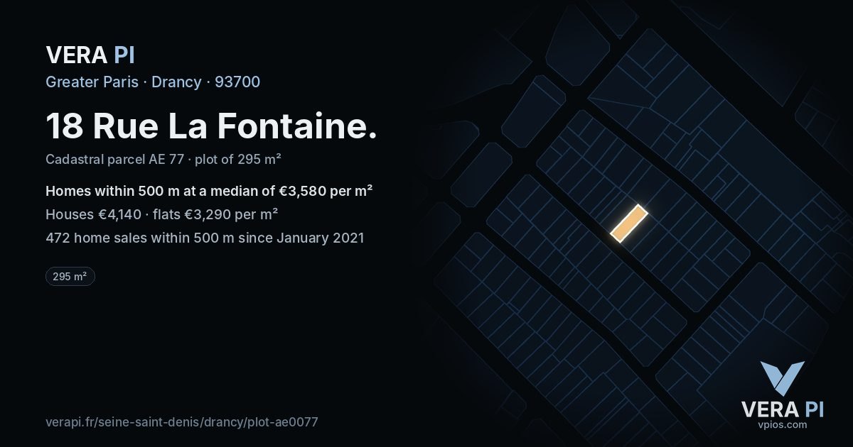 18 Rue La Fontaine, Drancy at night – the plot lit, the parcels around coloured by the prices near them