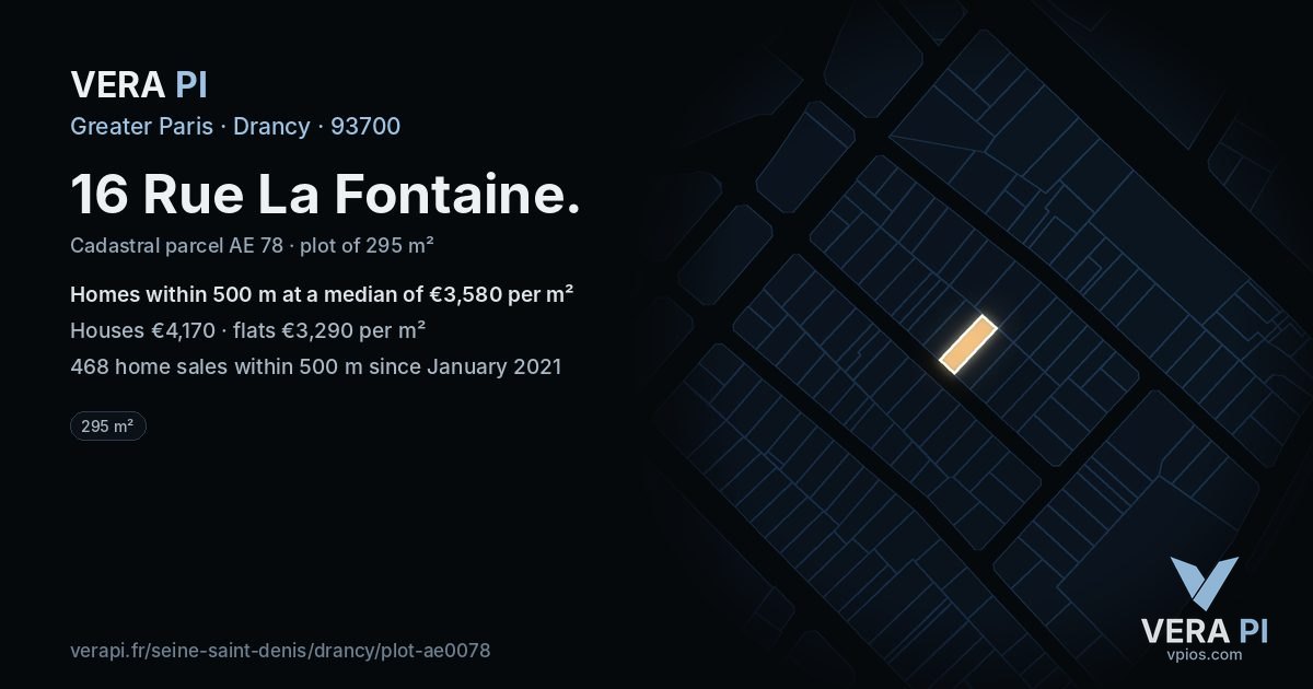 16 Rue La Fontaine, Drancy at night – the plot lit, the parcels around coloured by the prices near them