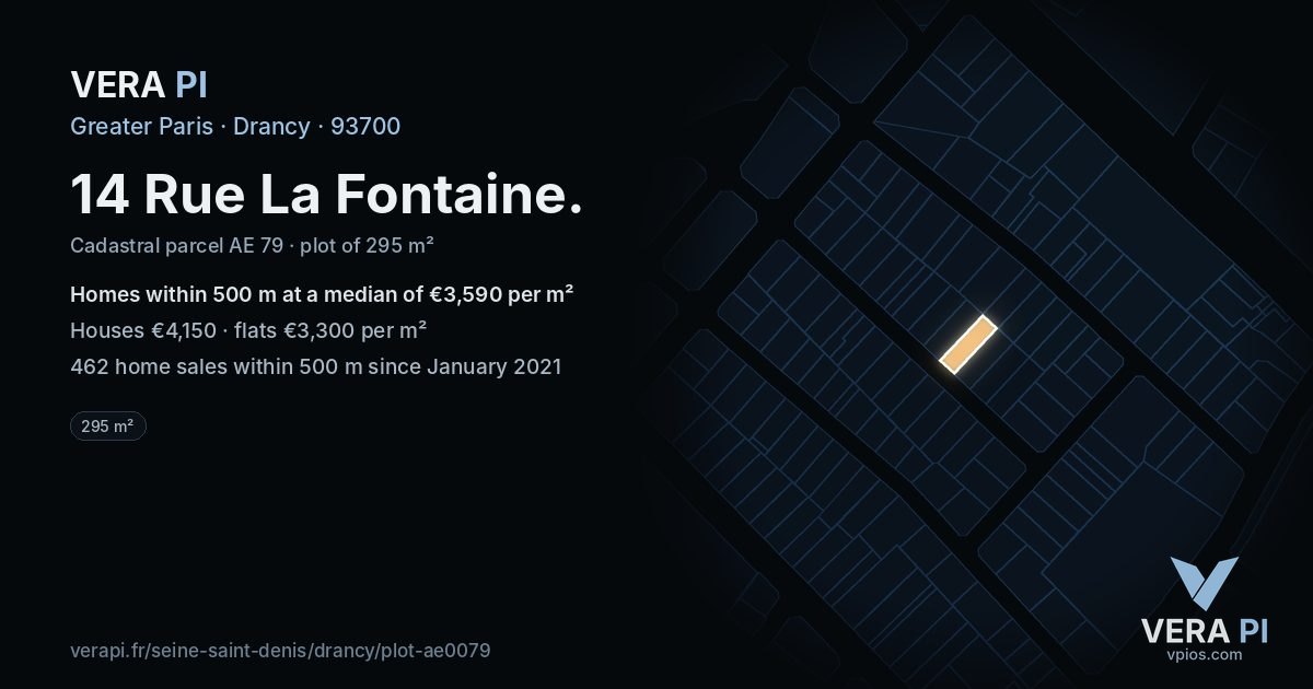 14 Rue La Fontaine, Drancy at night – the plot lit, the parcels around coloured by the prices near them
