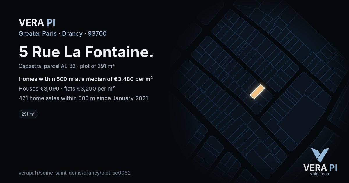 5 Rue La Fontaine, Drancy at night – the plot lit, the parcels around coloured by the prices near them