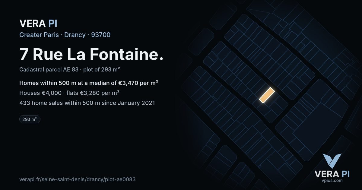 7 Rue La Fontaine, Drancy at night – the plot lit, the parcels around coloured by the prices near them