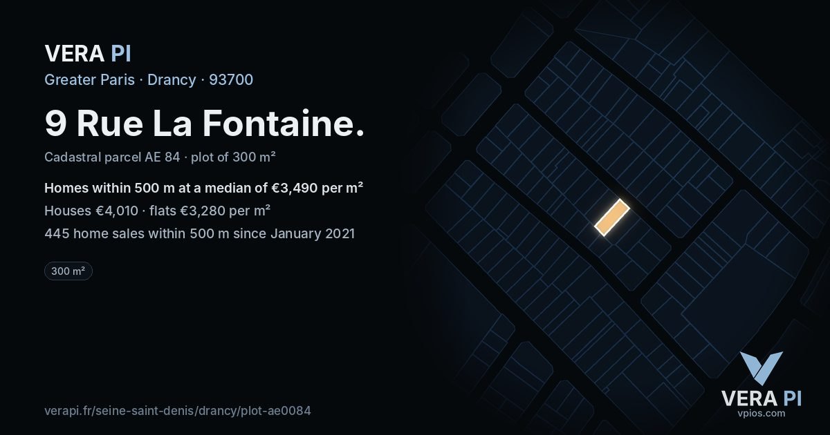 9 Rue La Fontaine, Drancy at night – the plot lit, the parcels around coloured by the prices near them