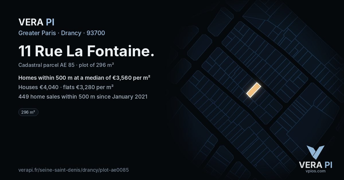 11 Rue La Fontaine, Drancy at night – the plot lit, the parcels around coloured by the prices near them