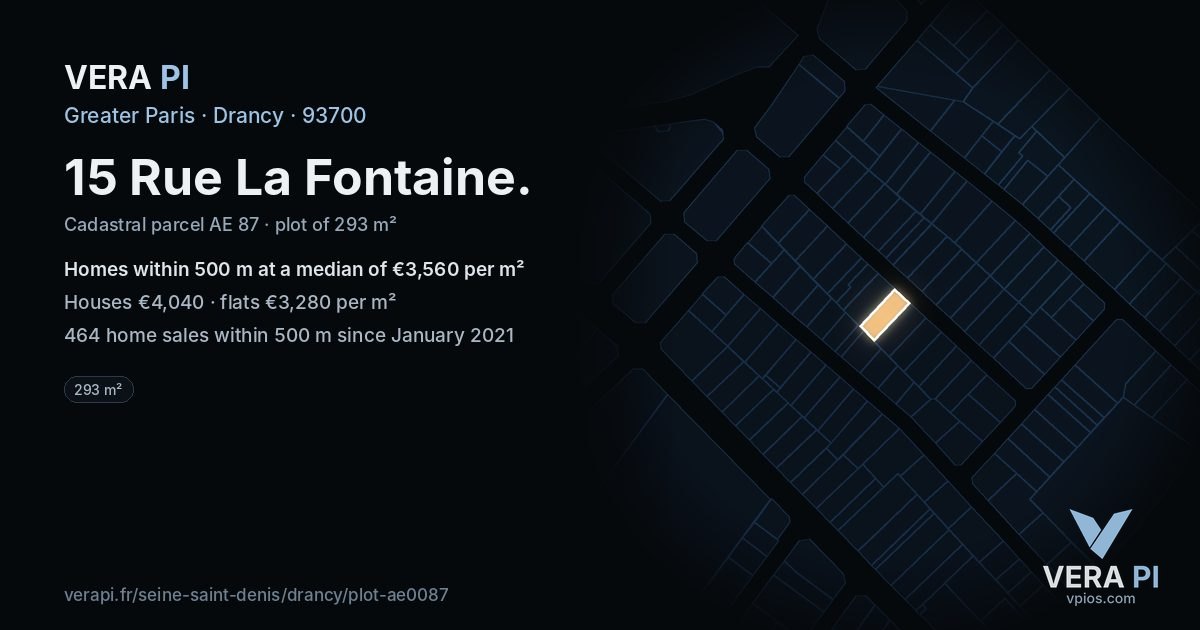 15 Rue La Fontaine, Drancy at night – the plot lit, the parcels around coloured by the prices near them