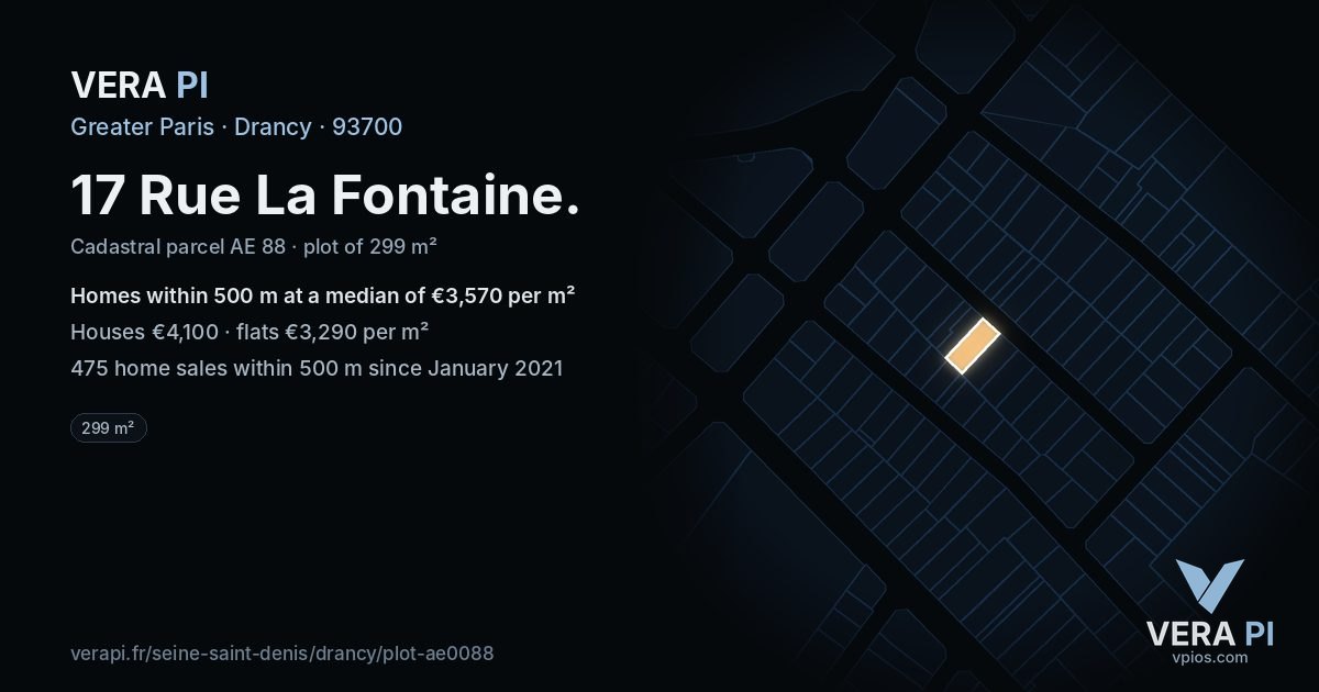 17 Rue La Fontaine, Drancy at night – the plot lit, the parcels around coloured by the prices near them