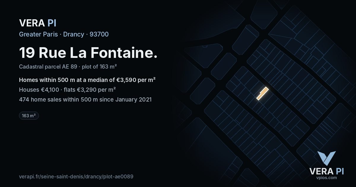 19 Rue La Fontaine, Drancy at night – the plot lit, the parcels around coloured by the prices near them