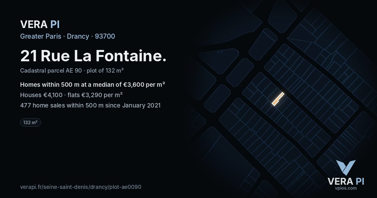 21 Rue La Fontaine, Drancy at night – the plot lit, the parcels around coloured by the prices near them
