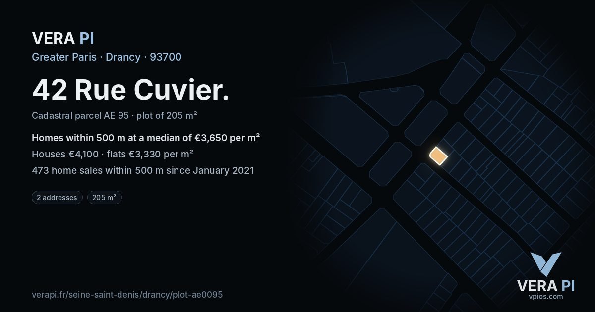 42 Rue Cuvier, Drancy at night – the plot lit, the parcels around coloured by the prices near them