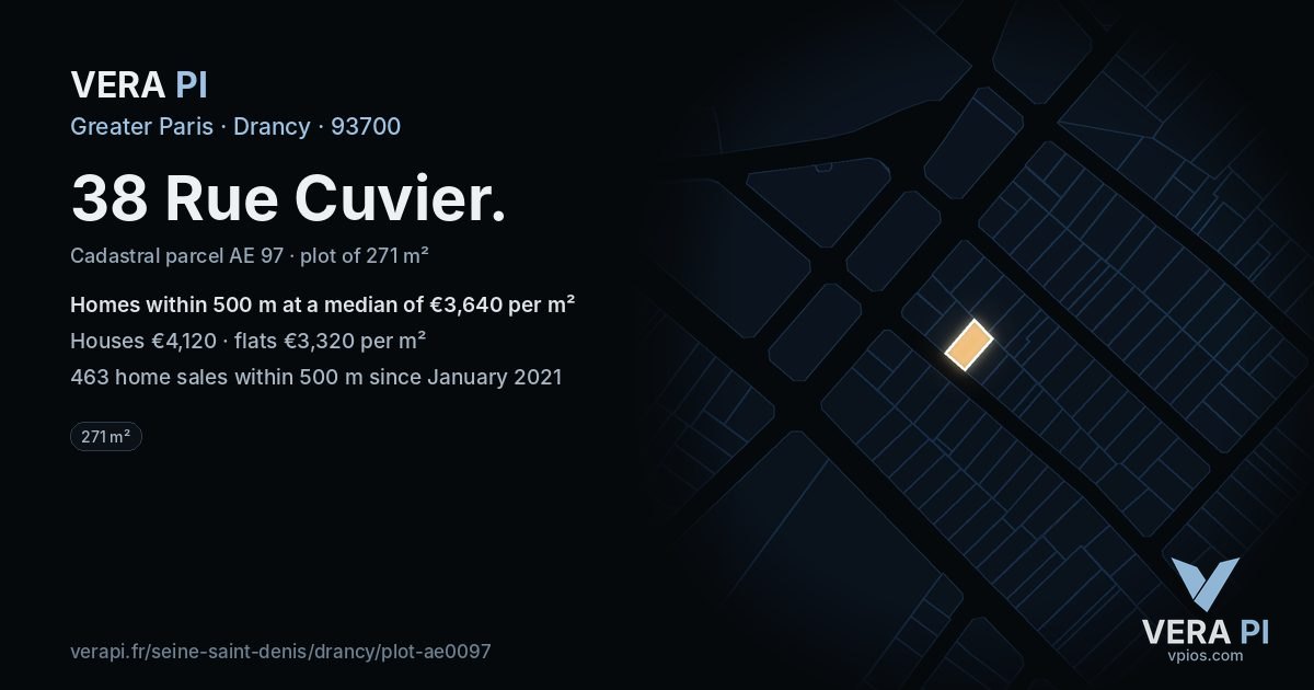 38 Rue Cuvier, Drancy at night – the plot lit, the parcels around coloured by the prices near them